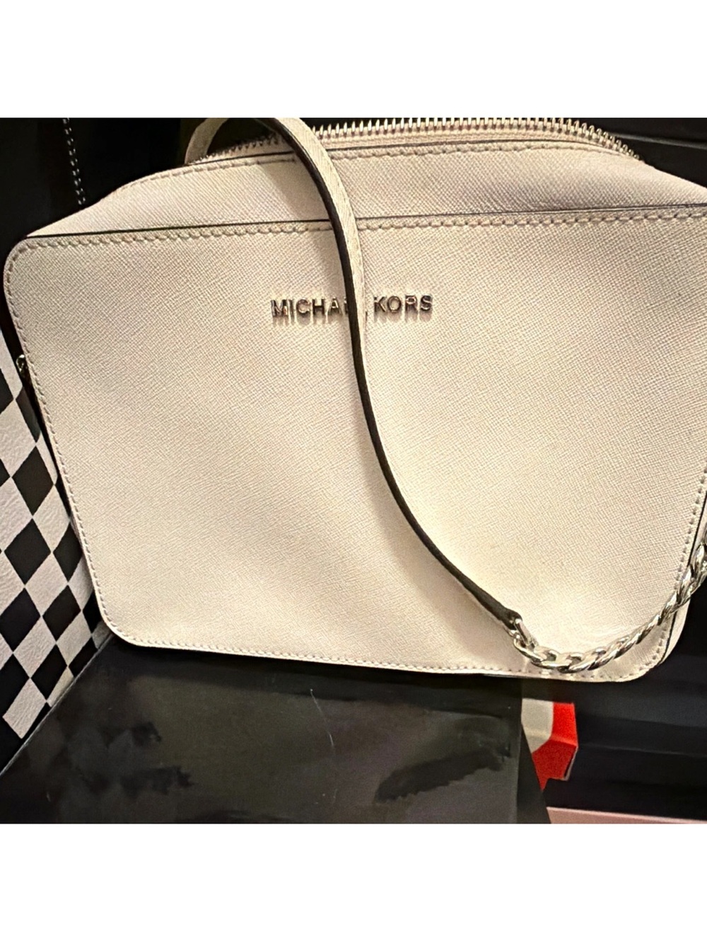 Michael Kors Cream Leather Crossbody with Chain-Trim Strap